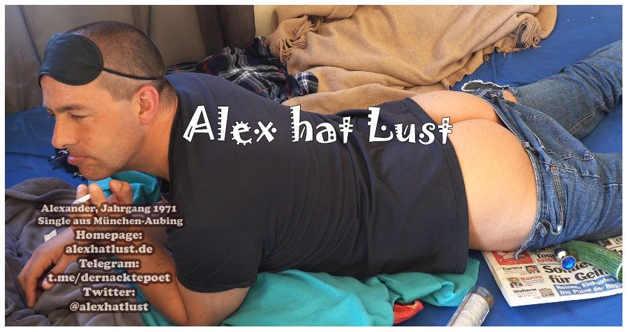 Das Gesicht von @alexhatlust - mit Gurke für den Po, Buttplug, Augenbinde und Zeitung. Sehr schön.